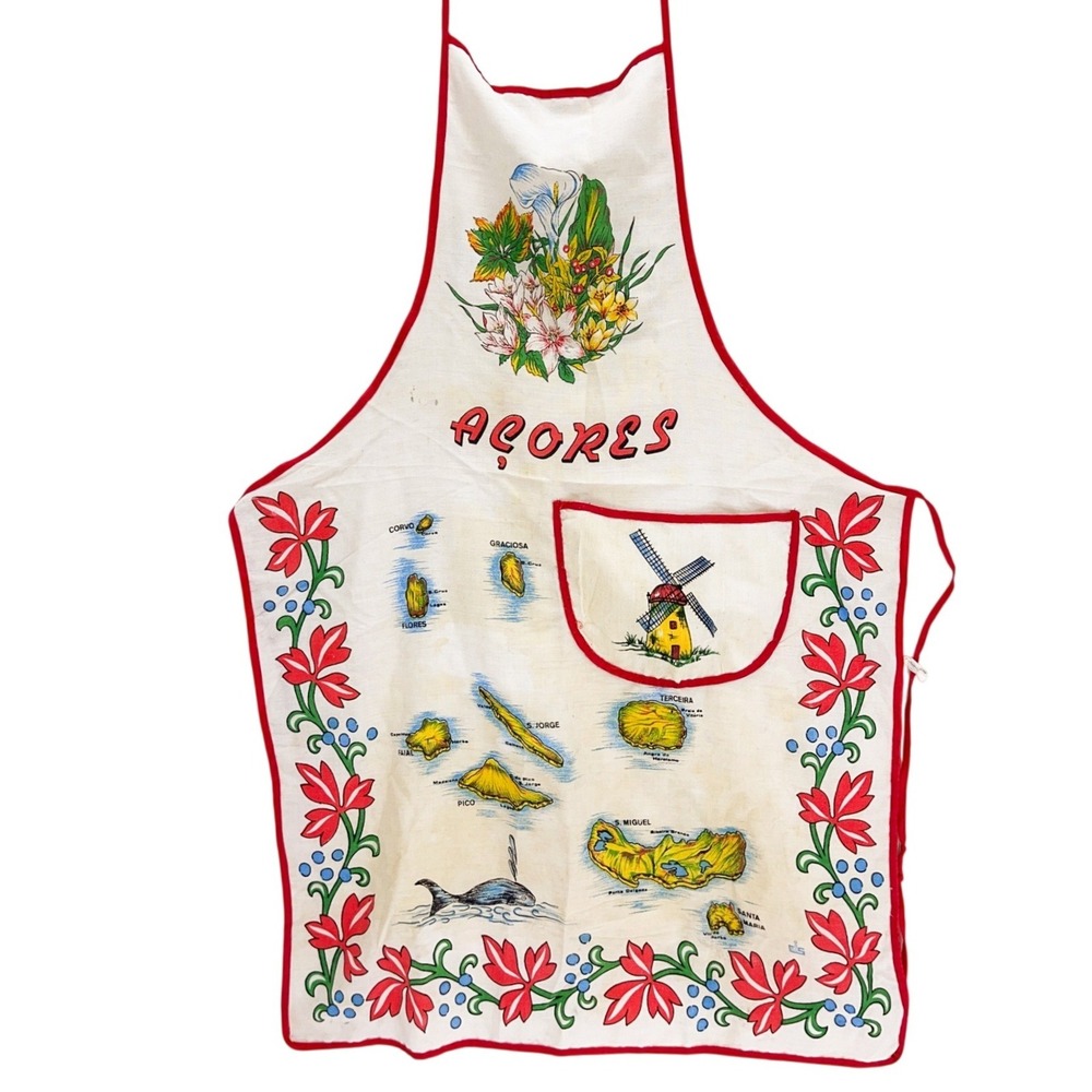 White Azores Portugal Souvenir Apron OS Vintage Map Floral Graphic
